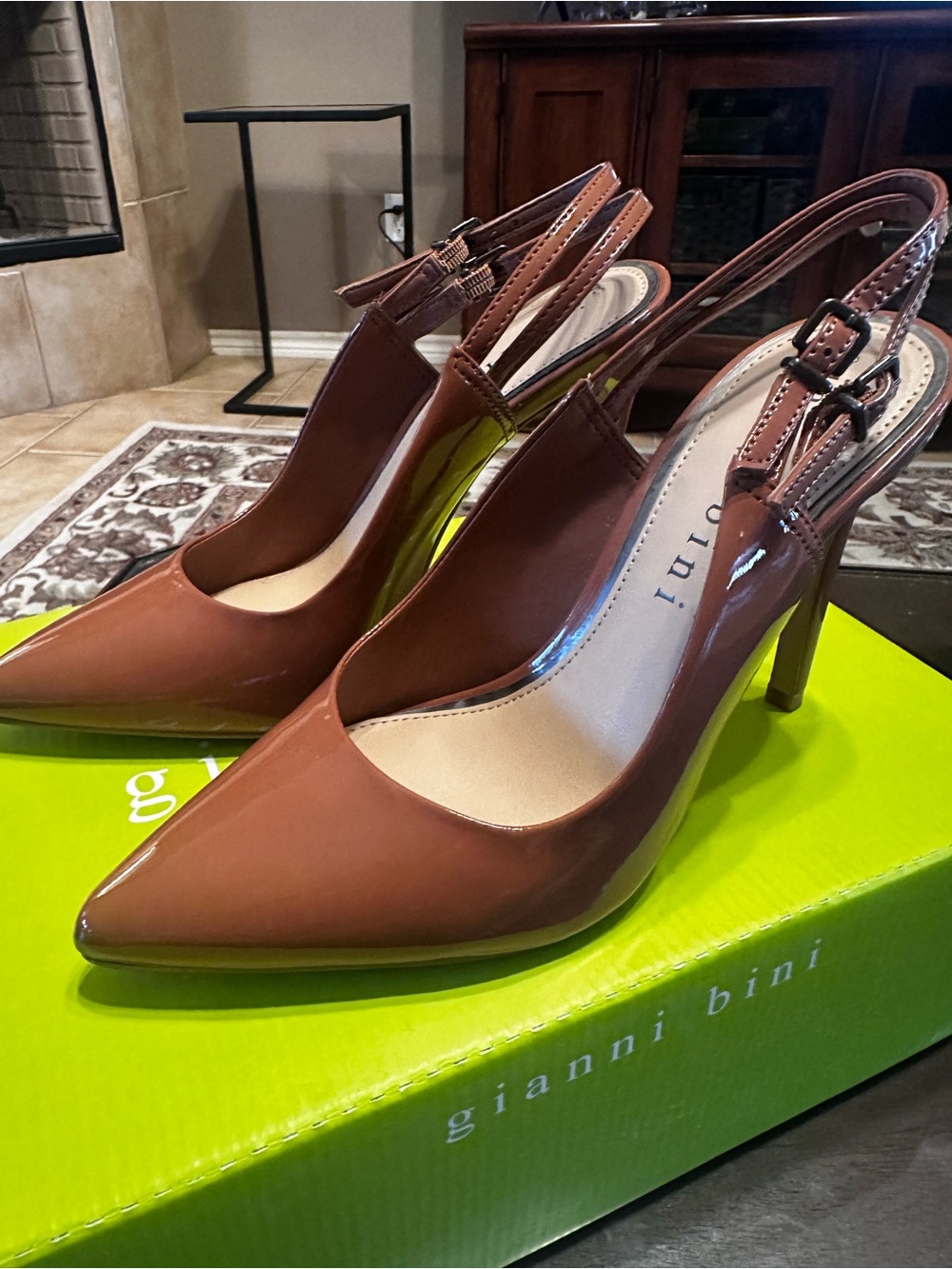 Gianni Bini Tan Patent Pointed-Toe Slingback Heels